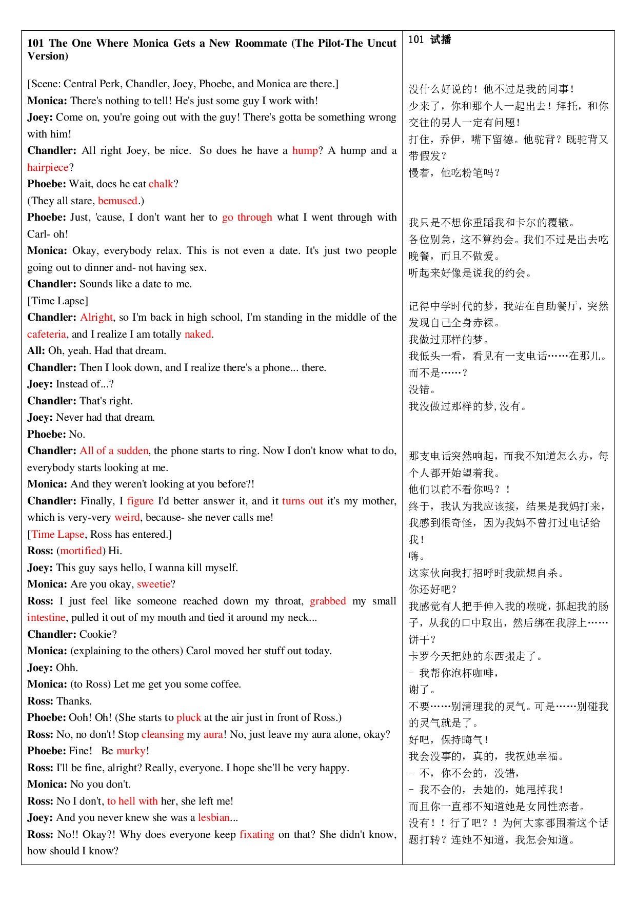 Friends老友记 中英文对照 全十季剧本